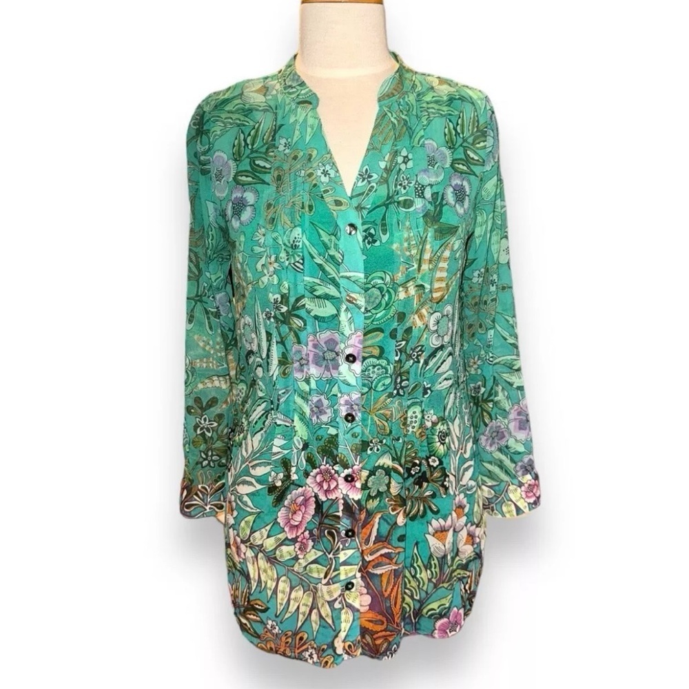 Soft Surroundings Luau Garden Shirt Sheer Blouse w Tank Top Green Floral Medium - Picture 2 of 10